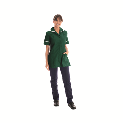Work in Style Female Nursing Tunic Bottle Green with White Trim 30 Inch