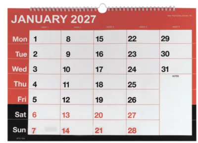 Wirebound Month to View Calendar A3 2027