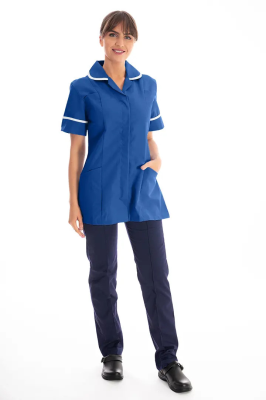 Work in Style Female Nursing Tunic Bugatti Blue with White Trim 30 Inch
