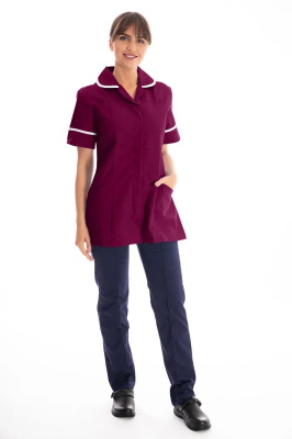 Work in Style Female Nursing Tunic Maroon with White Trim 30 Inch