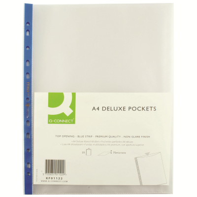 Q-Connect Delux Punched Pocket Top Opening Blue Strip A4 Clear