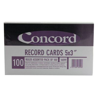 Ruled Record Cards, Assorted Colours 5x3" (127x76mm)