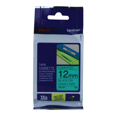 Brother Laminated P-Touch Labelling Tape 12mm x 8mm Black On Green TZE731