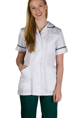 Work in Style Female Nursing Tunic White with Bottle Green Trim 30 Inch