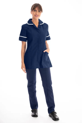Work in Style Female Nursing Tunic Navy with White Trim 30 Inch