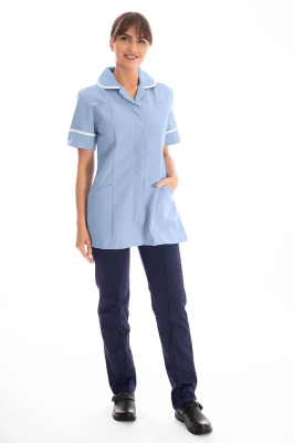 Work in Style Female Nursing Tunic Sky with White Trim 30 Inch
