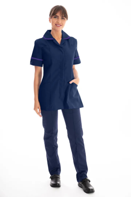 Work in Style Female Nursing Tunic Navy with Purple Trim 30 Inch