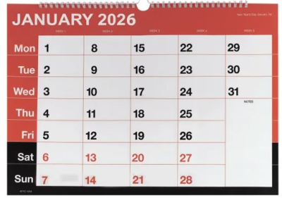 Wirebound Month to View Calendar A3 2026