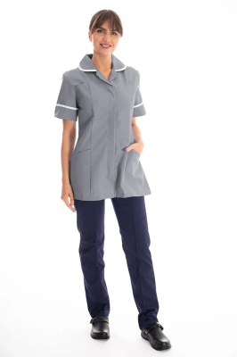 Work in Style Female Nursing Tunic Storm Grey with White Trim 30 Inch