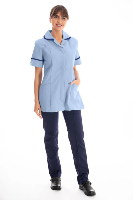 Work in Style Female Nursing Tunic Sky with Navy Trim 30 Inch