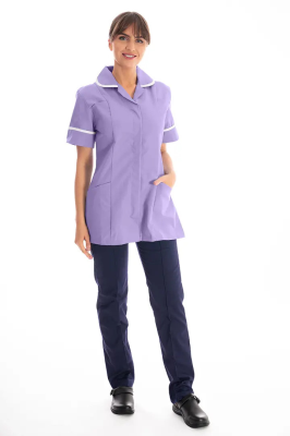 Work in Style Female Nursing Tunic Lilac with White Trim 30 Inch