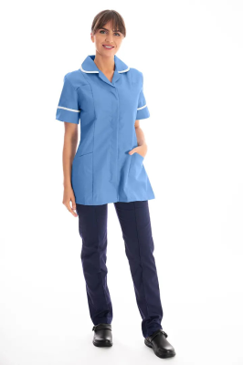 Work in Style Female Nursing Tunic Hospital Blue with White Trim 30 Inch